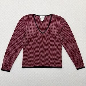 Y2K Oscar by Oscar de la Renta Silk Knit Pink Black Chevron V-Neck Sweater M